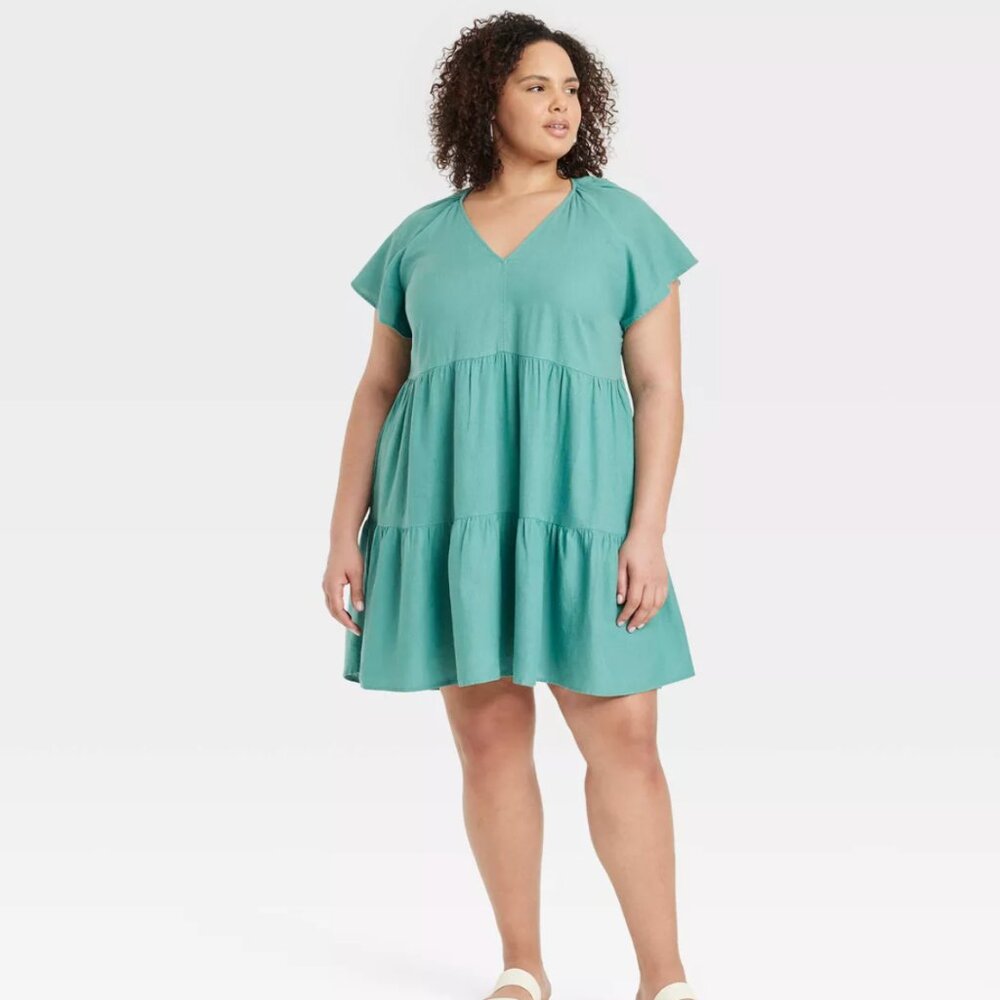 Linen Blend Flutter Short Sleeve Mini Skater Dress